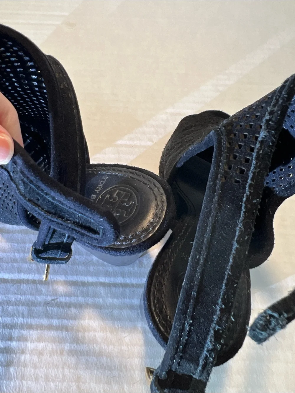 Tory Burch Black Perforated Suede Peep Toe Block Heel Sandals Size 8